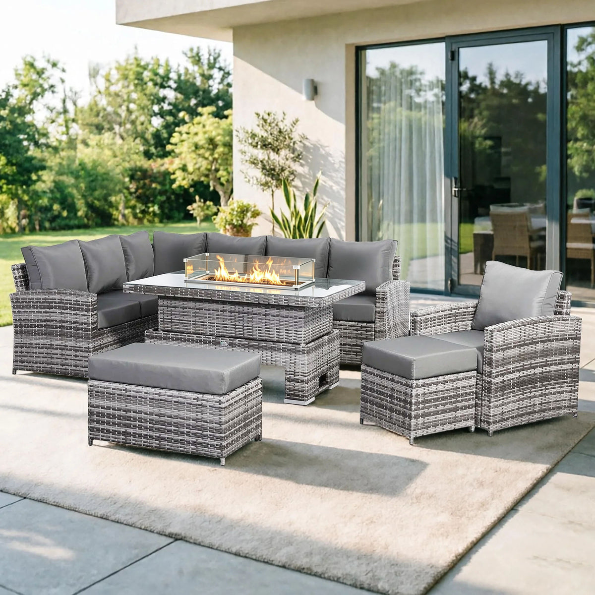 Harmony Range Elite High Back Left Hand Corner Sofa Set with Fire Pit Rising Table and Amr Chair in Grey Weave