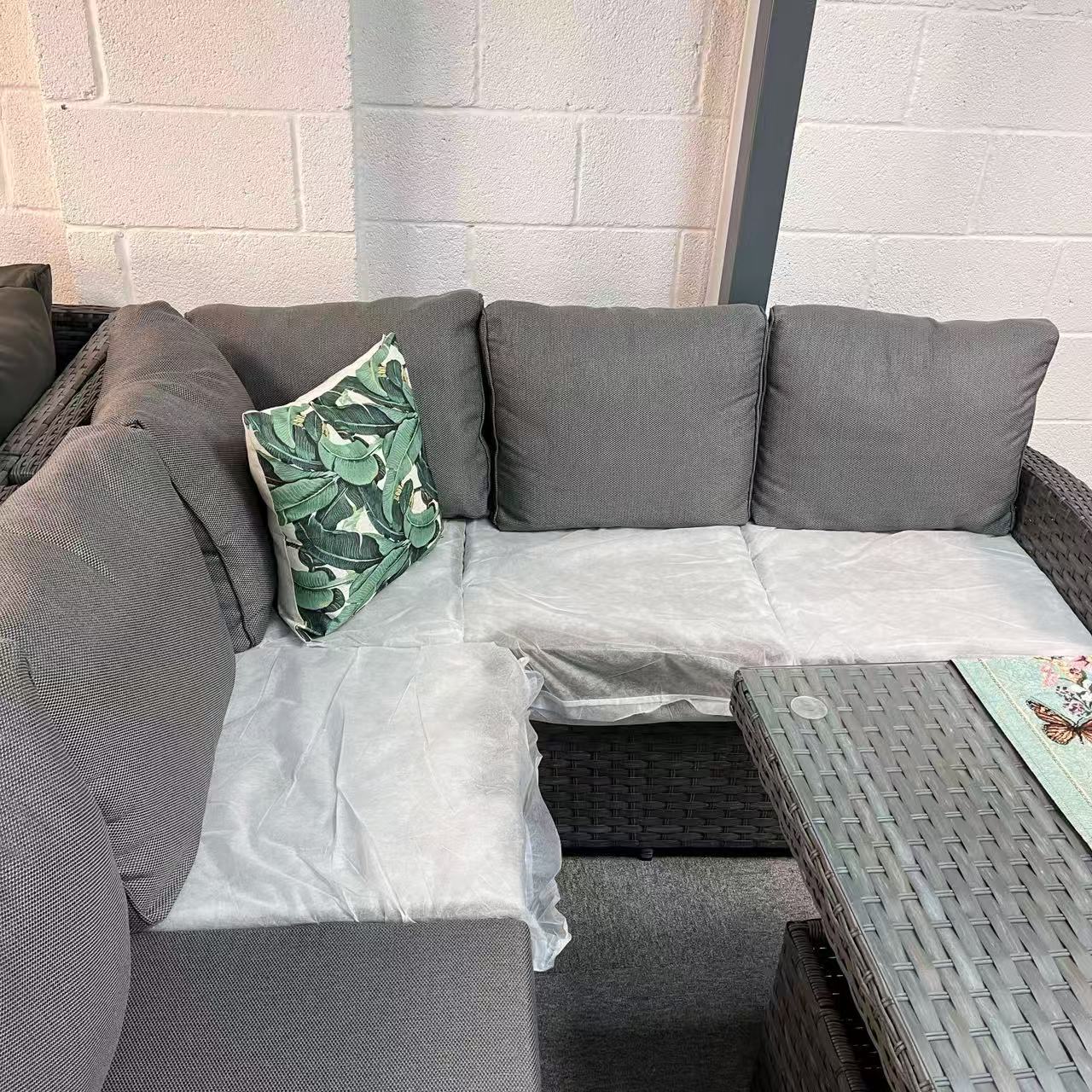 Clearance in shop, sale as shown--Isobella High Back Range Right Hand Corner Sofa Set with Rising Table in Preminum Grey Rattan (Copy)