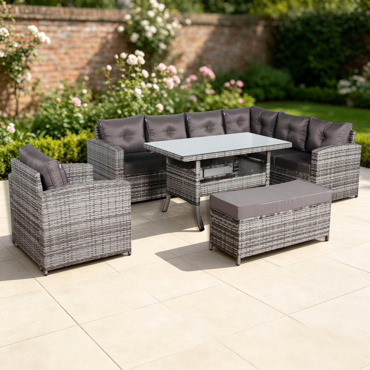 Henley Range Elite Rhf Corner Sofa Set with Dining Table and Arm Chair in Grey Rattan