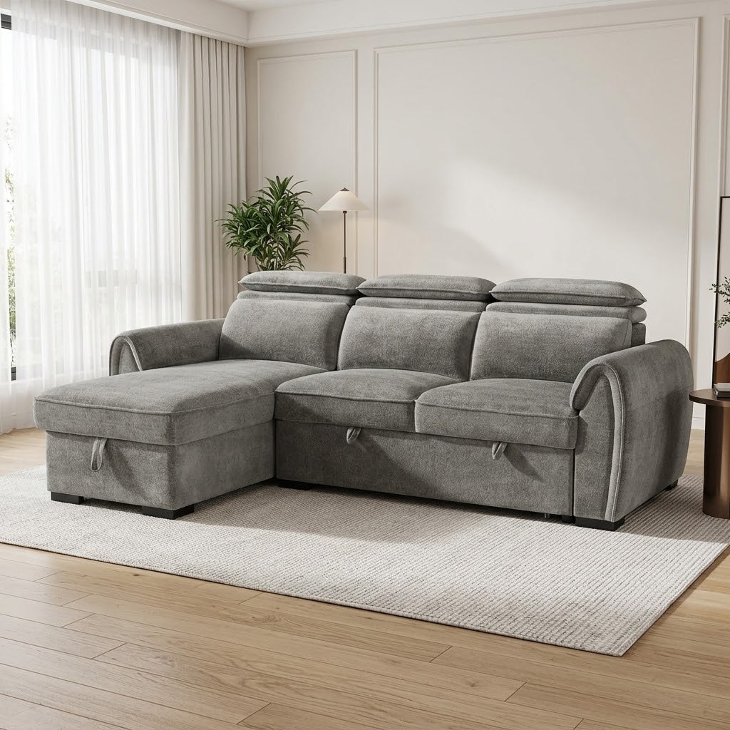 Nimbus Dark Grey Universal Corner Sofa Bed – Adjustable Headrests, Ottoman Storage