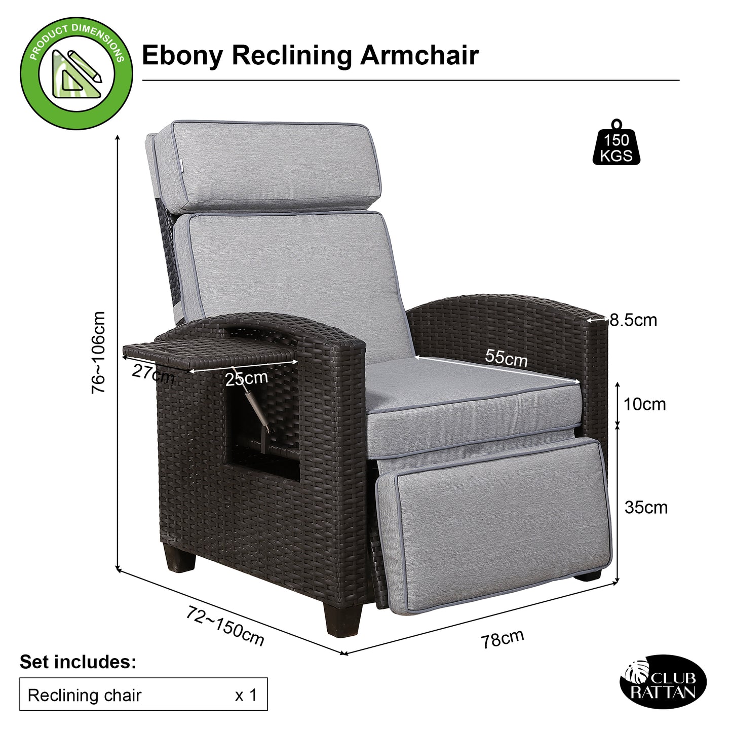 Due in 10/03/25 Ebony Range Reclining Armchair with Flip Table in Dark Brown Weave and Grey Cushion