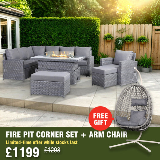 Isobella 10 Seater Elite Left Hand Corner Sofa Set with Fire Pit Rising Table and Arm Chair in Grey Rattan