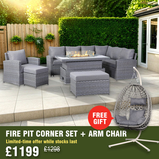 Isobella 10 seater Elite Right Hand Corner Sofa Set with Fire Pit Rising Table and Arm Chair in Grey Rattan