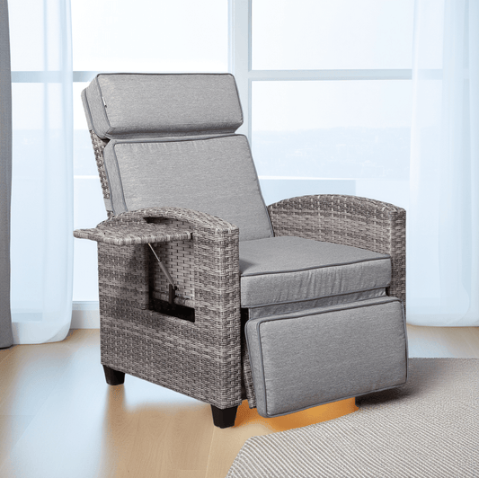 Rose Range Reclining Armchair with Flip Table in Grey Weave and Grey Cushion