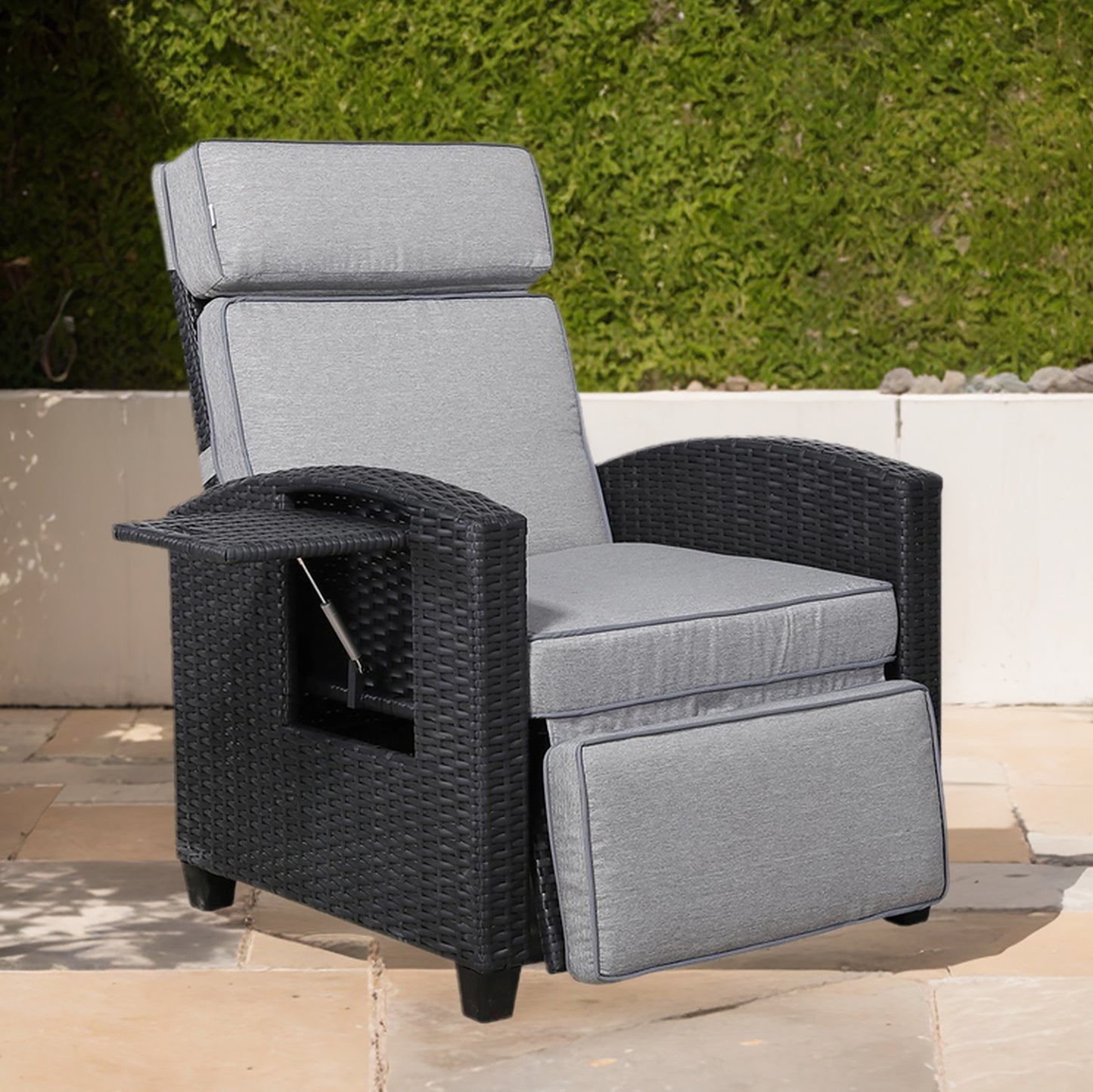 Due in 10/03/25 Ebony Range Reclining Armchair with Flip Table in Dark Brown Weave and Grey Cushion