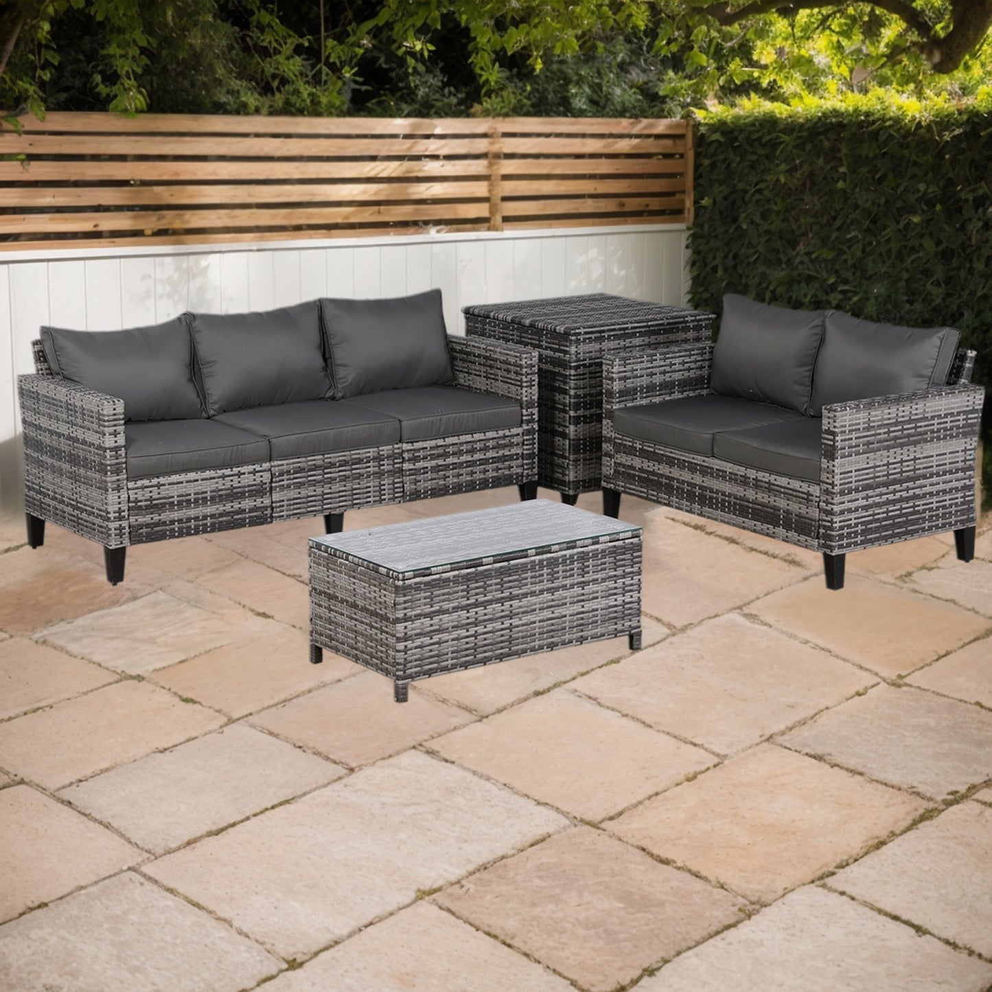 Palma Range Corner Sofa Sets with Storage Box in Grey Rattan and Grey Cushions