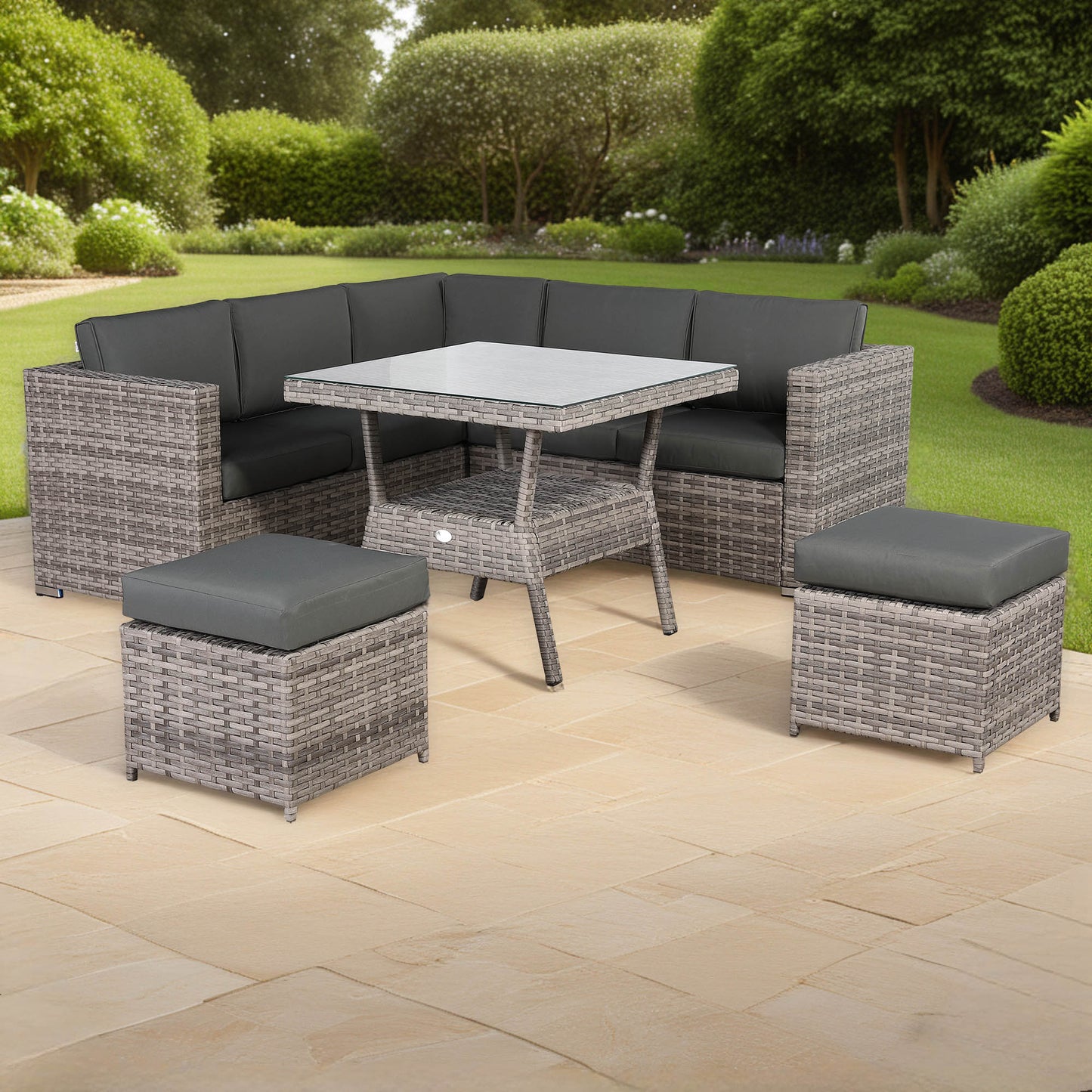 Modern Range Lille Corner Sofa with Dining Table in Grey Rattan