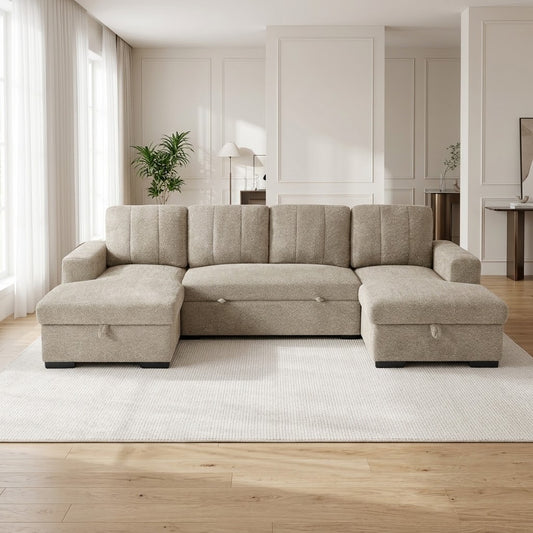 Nest Beige U-Shape Corner Sofa Bed – 5 Seater with 2 Lift-Up Storage Chaises & Large Sleeping Area
