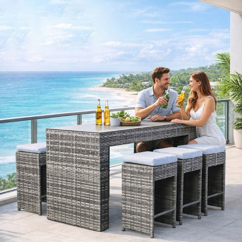 Colette Range Aluminium High Bar Set with 6 Stools in Grey Rattan