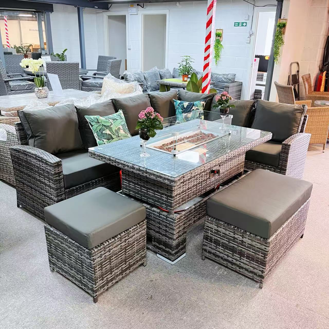 Clearance-Harmony Range High Back Right Hand Corner Sofa Set with Fire Pit Rising Table in Grey Waeve