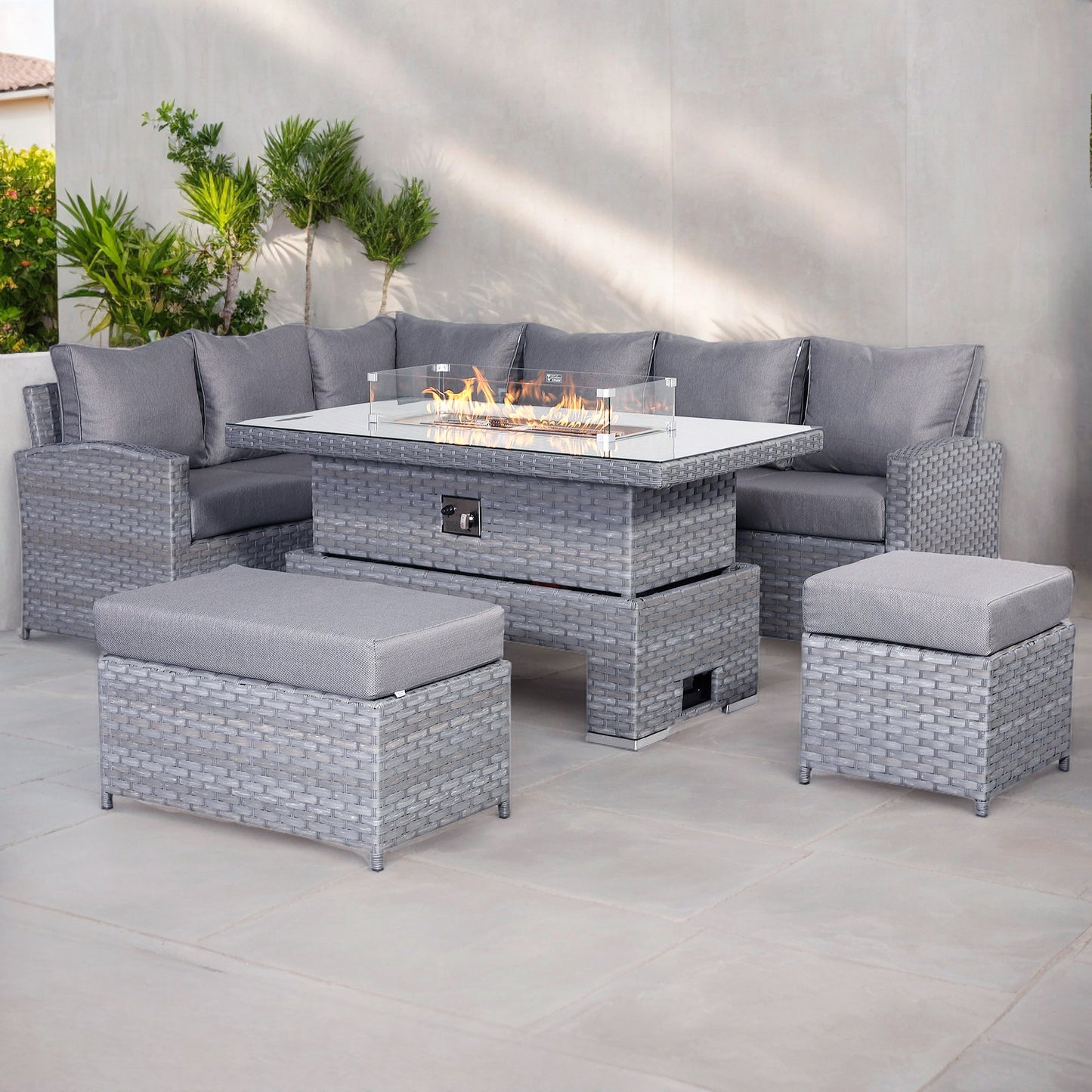 Due in End of Sep...Isobella High Back Left Hand Corner Sofa Set with Fire Pit Rising Table