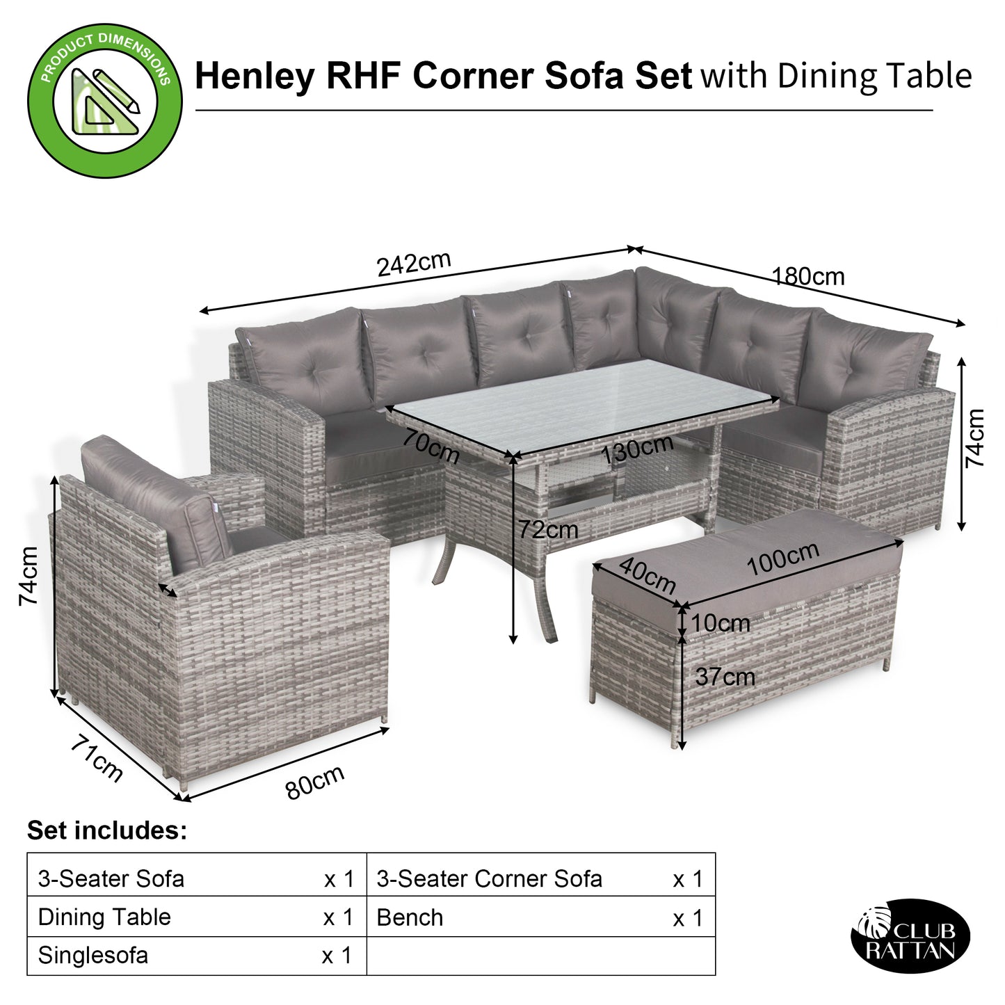 Due in 30/06/25 Henley Range Rlite Rhf Corner Sofa Set with Dining Table in Grey Rattan