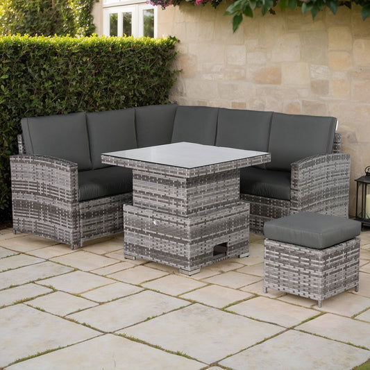 Henley Range High Back Compact Square Corner Sofa Set in Grey Weave with Rising Table