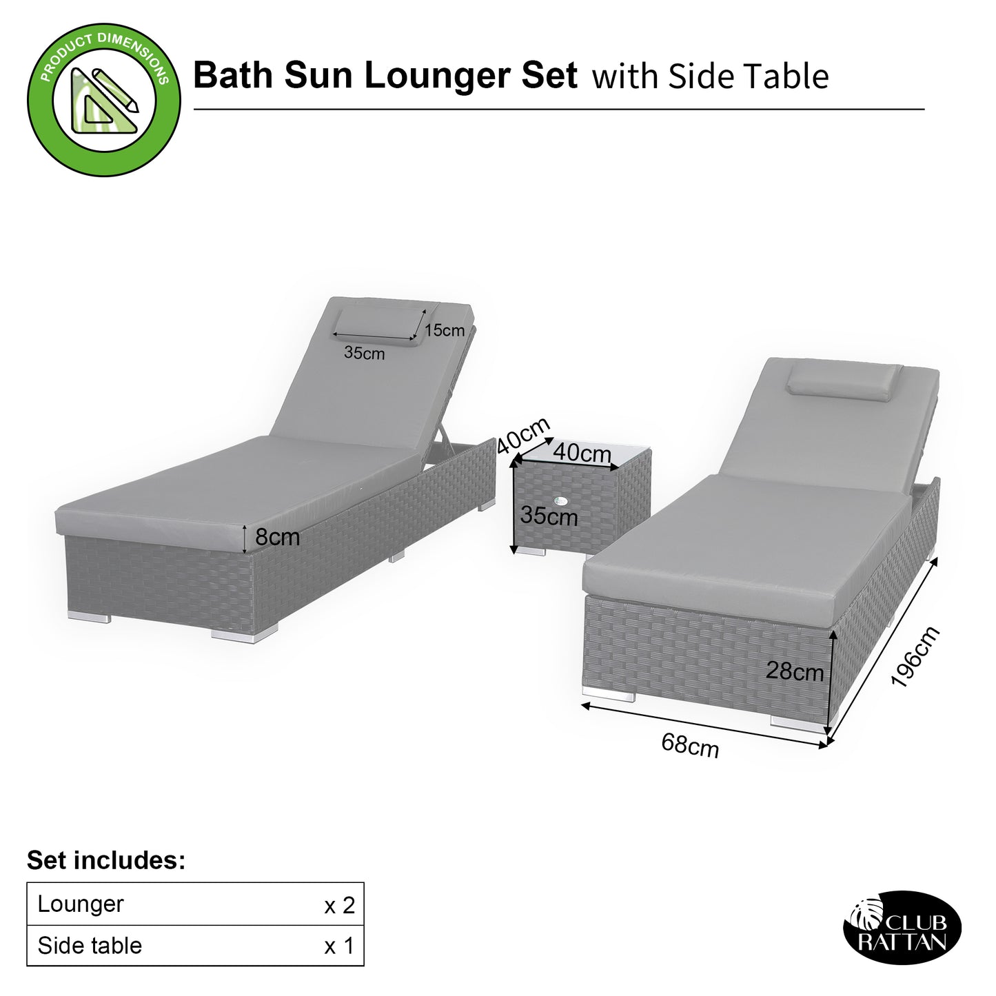 Due in 28/02/25 Bath Range Sun Loungers Set with Side Table in Black Rattan and Grey Cushions(#9016)