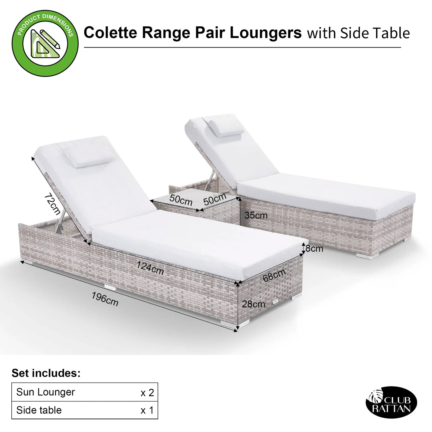 Colette Range Pair Loungers with Side Table in Grey Weave