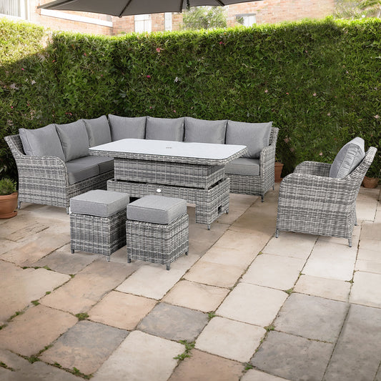 Due in 28/02/25....Sicily Range Aluminium Left Hand Corner Set with Rising Table and Arm Chair in Half Round Grey Weave