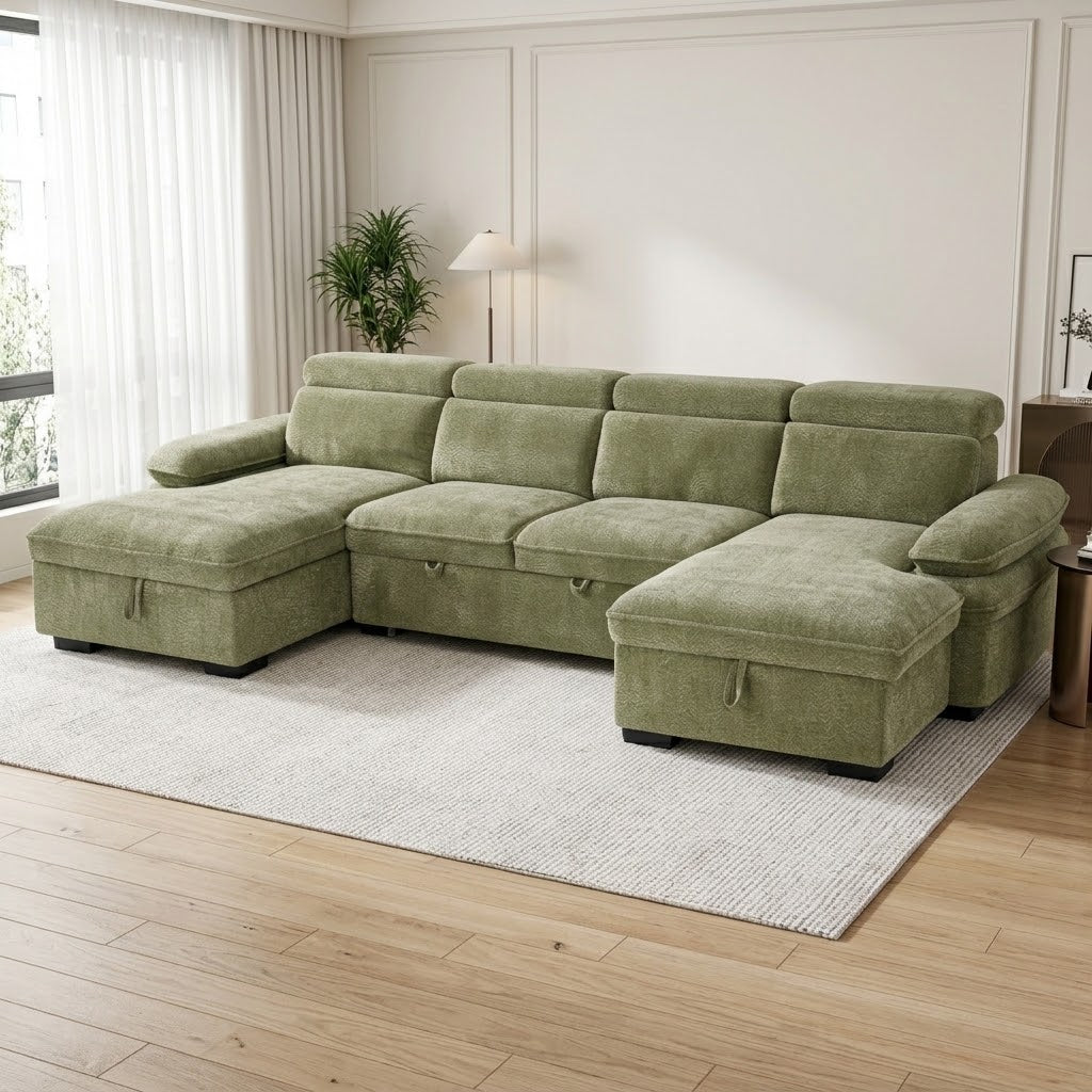 Anchor Green U-Shape Corner Sofa Bed – 5 Seater with Storage, Adjustable Arms & Headrests