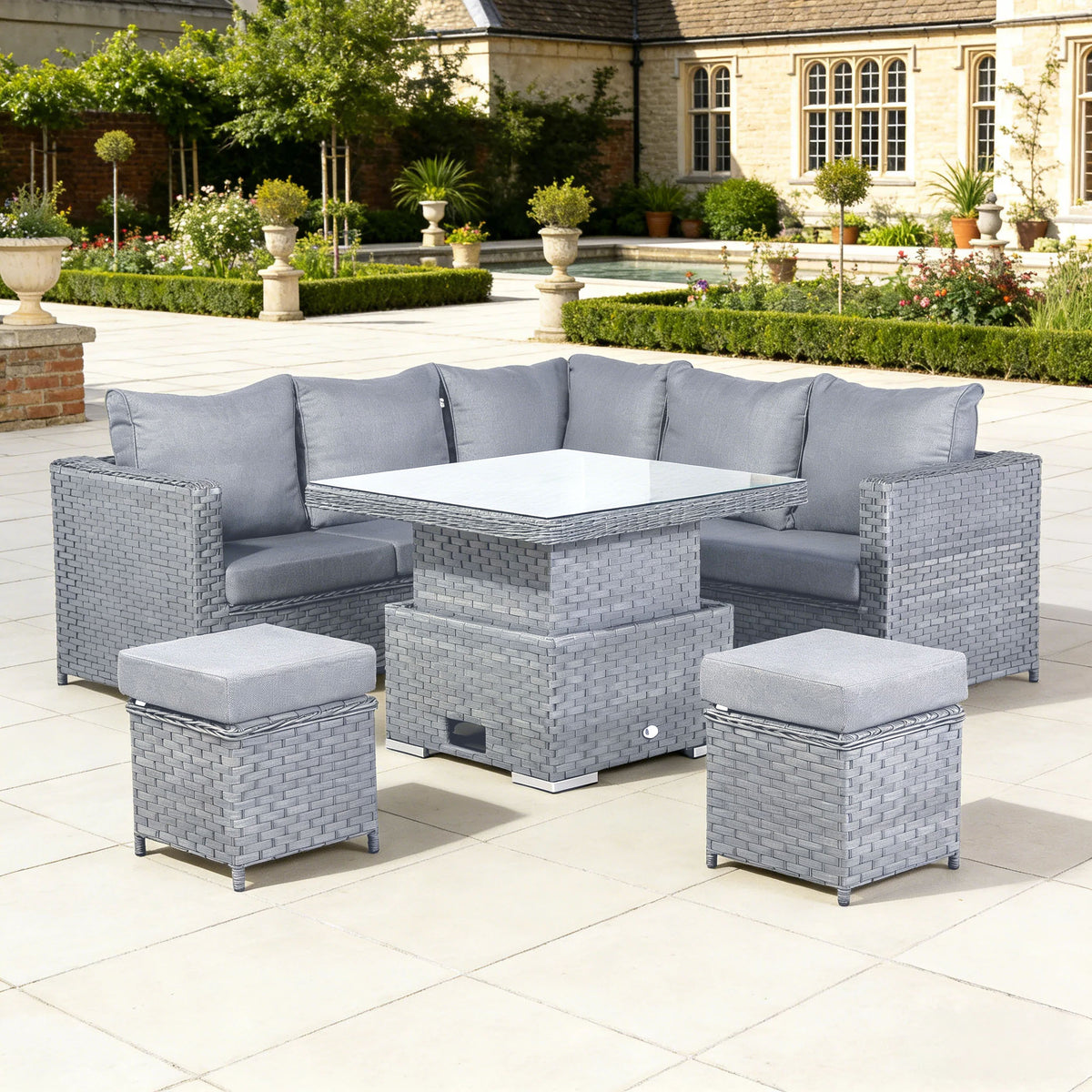 Isobella Range Square Corner Set with Rising Table in Large Grey Weave