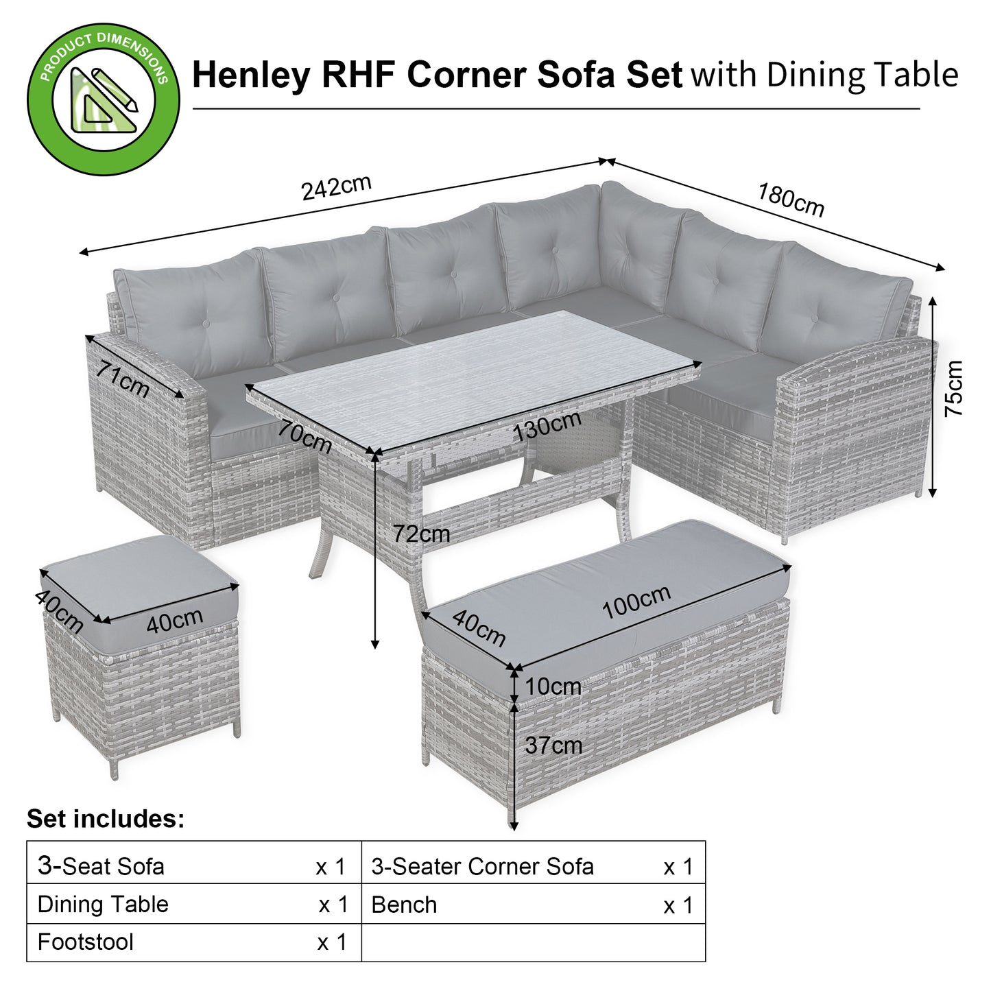 Henley Rhf Corner Sofa Set with Dining Table in Grey Rattan