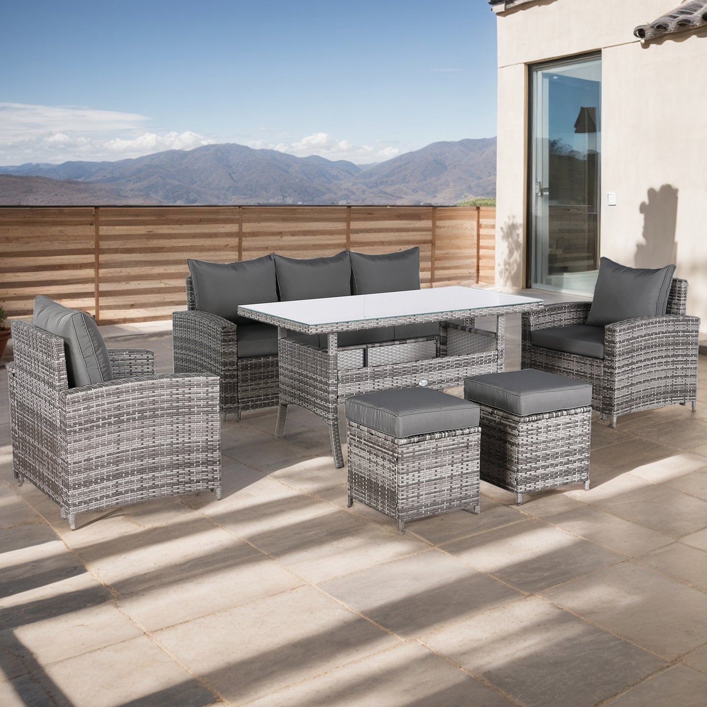 Due in 20/06/2025  Henley Range High Back Dining Sofa Set in Grey Weave with Dinning Table