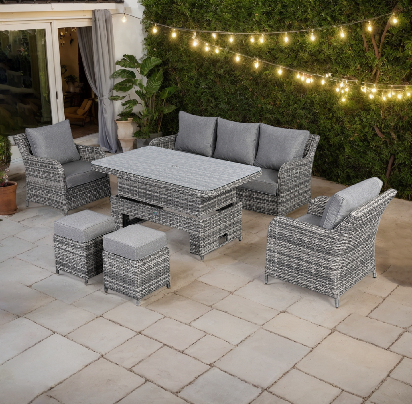 Due in 25/02/25....Sicily Range Aluminium Large Sofa Set with Rising Table in Half Round Grey Weave