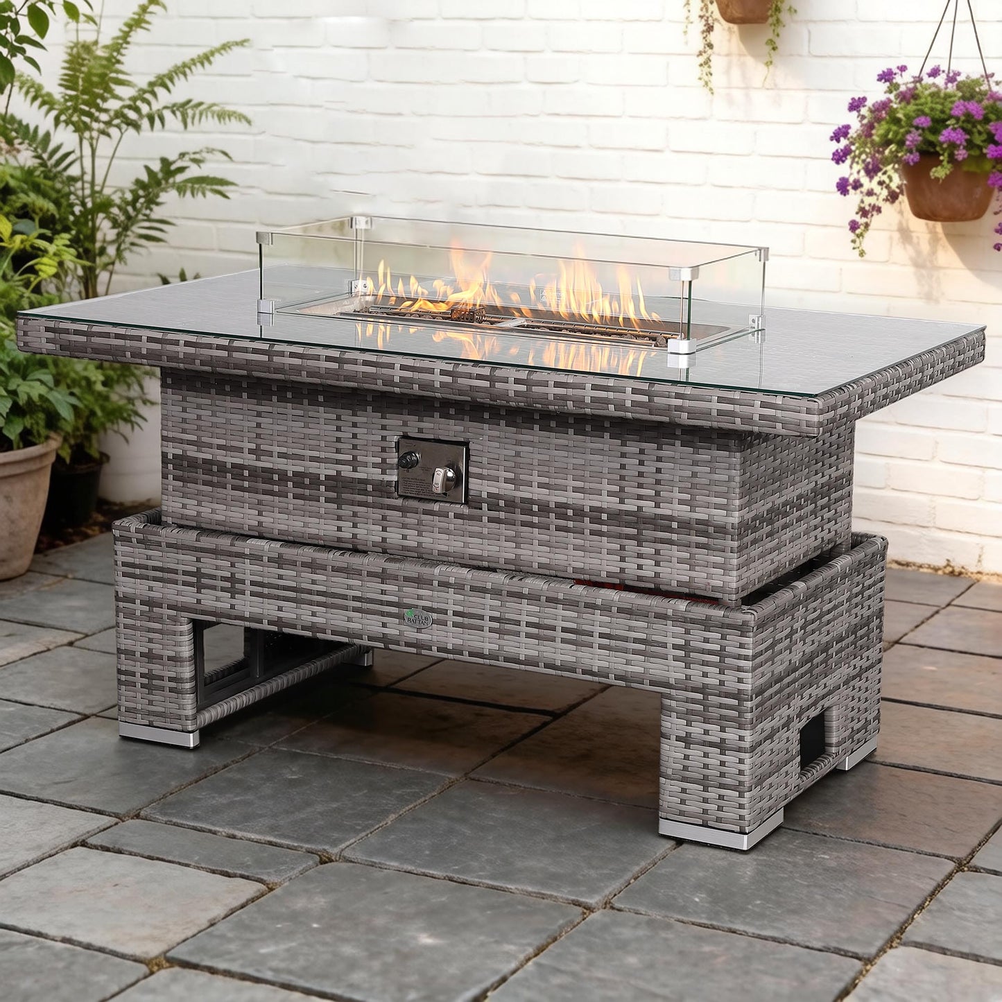 Harmony Gas Firepit Rising Table with Glass Wind Guard & Lava Rocks, 55,000 BTU
