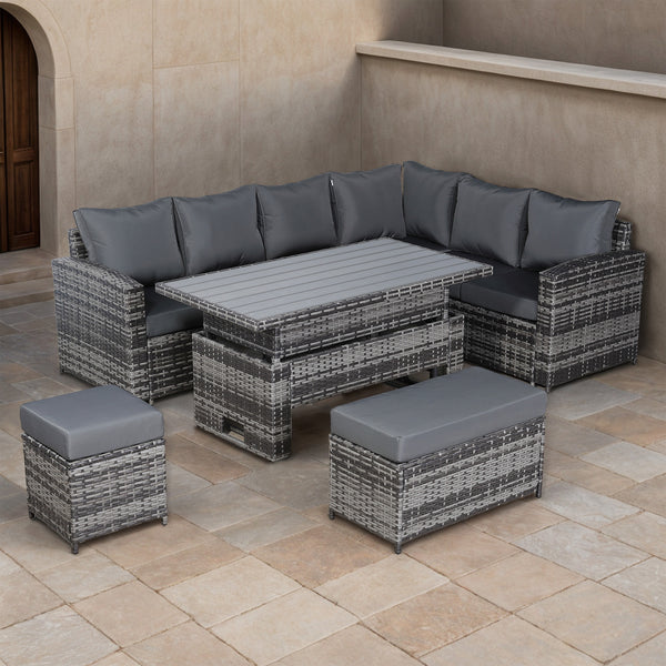 Henley Range High Back LHF Dining Corner Sofa Set in Grey Weave with Rising Table Club Rattan