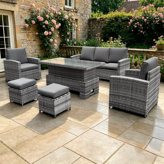 Henley Range High Back Large Dining Sofa Set in Grey Weave with Rising Table