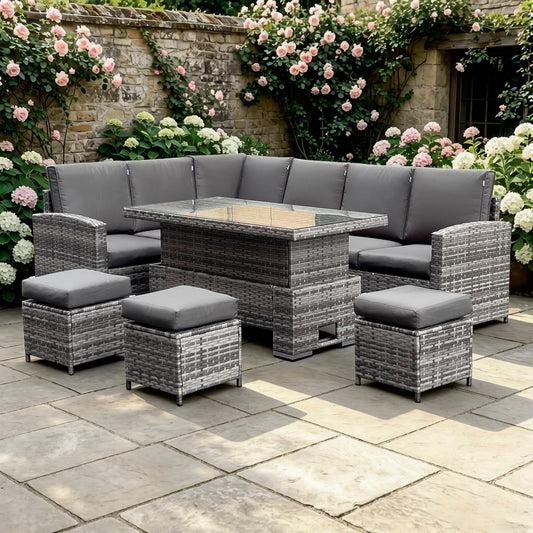 Henley Range High Back LHF Dining Corner Sofa Set in Grey Weave with Rising Table