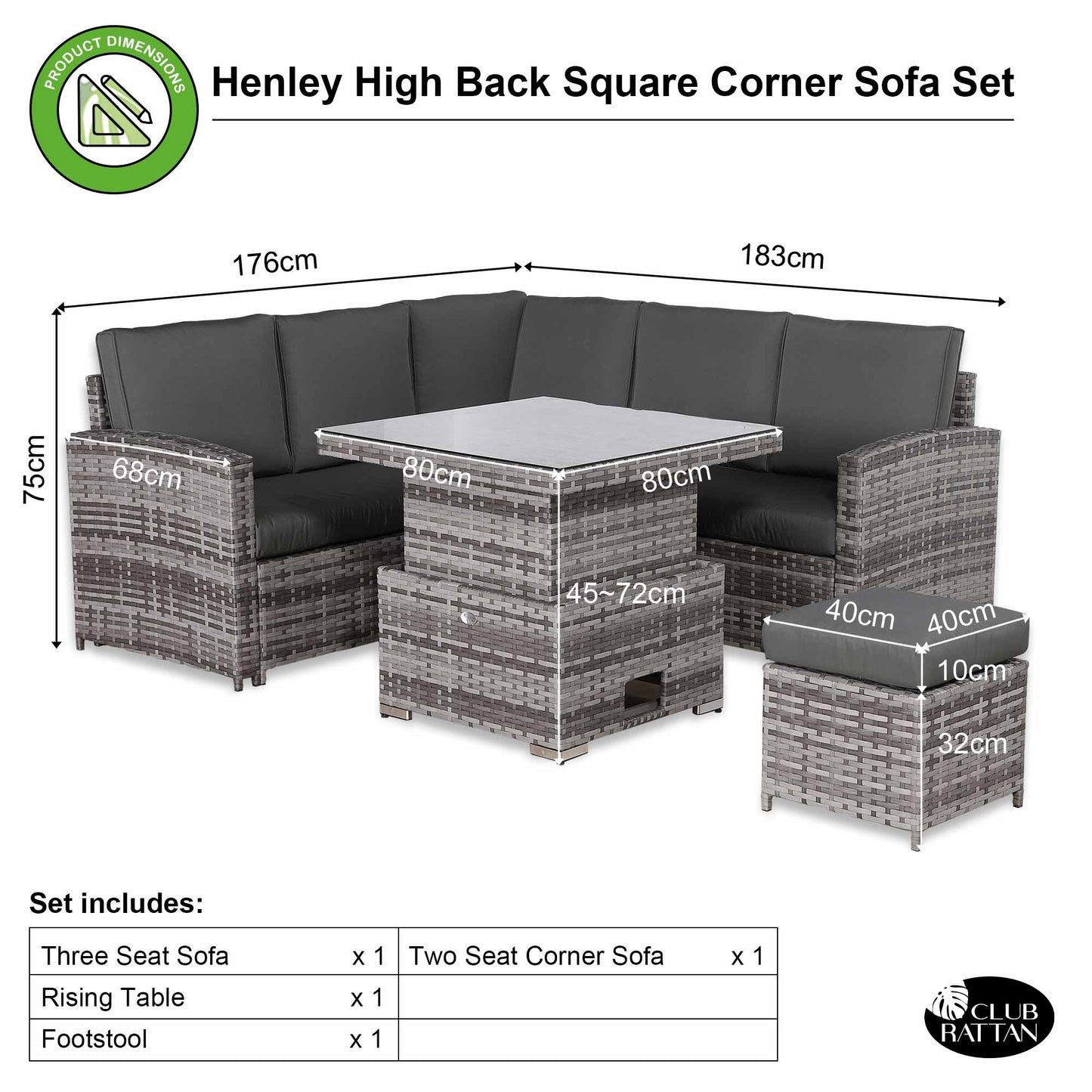 PRE ORDER-Henley Range High Back Compact Square Corner Sofa Set in Grey Weave with Rising Table
