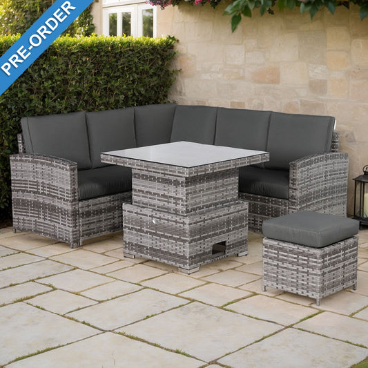 PRE ORDER-Henley Range High Back Compact Square Corner Sofa Set in Grey Weave with Rising Table