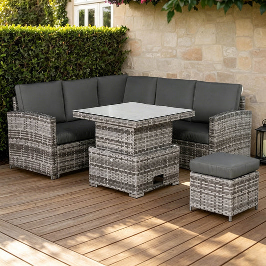 Henley Range High Back Compact Square Corner Sofa Set in Grey Weave with Rising Table