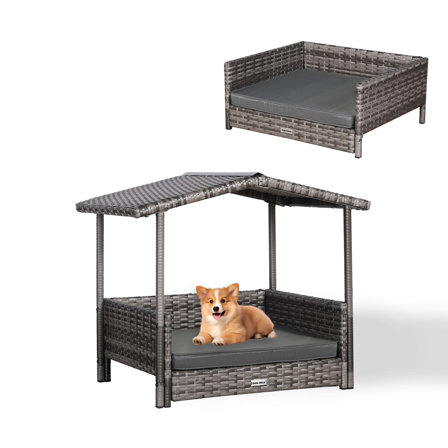 Max Mice Wicker Raised Dog House Raised Rattan Dog Bed for Indoor/Outdoor with Weatherproof Roof and Removable Cushion Lounge in Grey (Small)