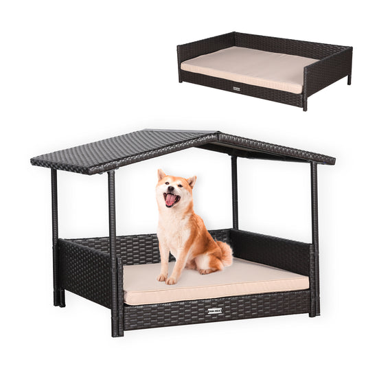 Max Mice Wicker Raised Brown Dog House Raised Rattan Dog Bed for Indoor/Outdoor with Weatherproof Roof and Removable Cushion Lounge (Z5-Medium)