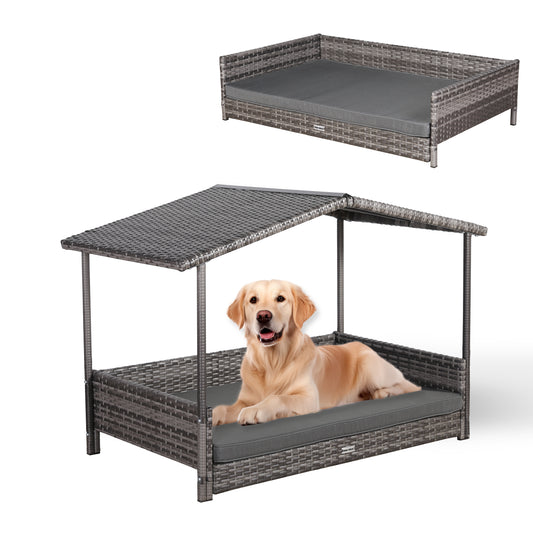 Max Mice Wicker Raised Dog House Raised Rattan Dog Bed for Indoor/Outdoor with Weatherproof Roof and Removable Cushion Lounge in Grey (Large)