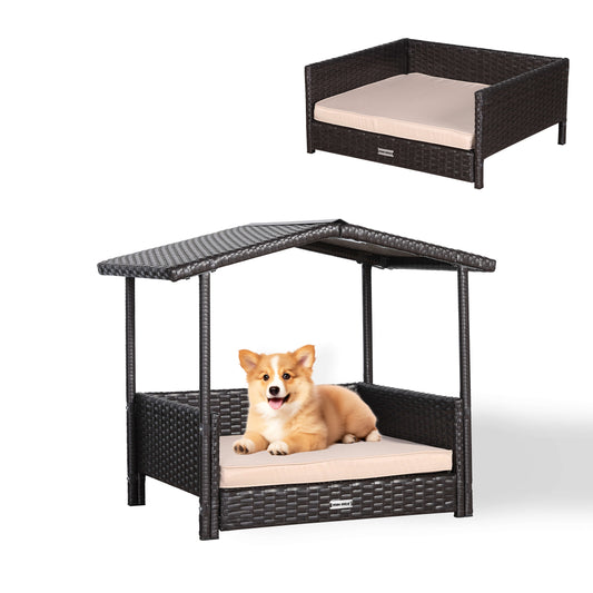 Max Mice Wicker Raised Brown Dog House Raised Rattan Dog Bed for Indoor/Outdoor with Weatherproof Roof and Removable Cushion Lounge (Z6-Small)