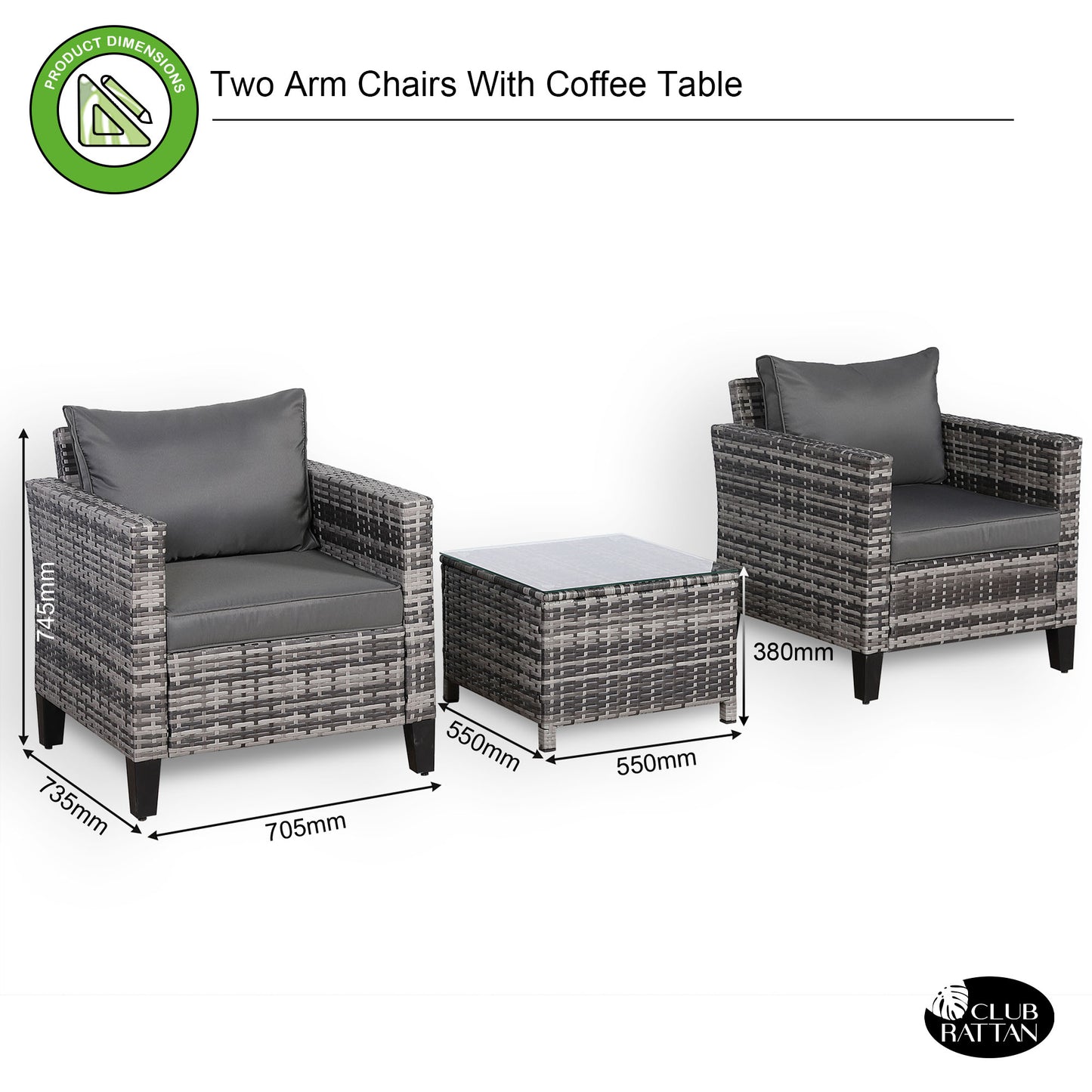 Palma Range Bistro Set in Grey Rattan and Grey Cushions