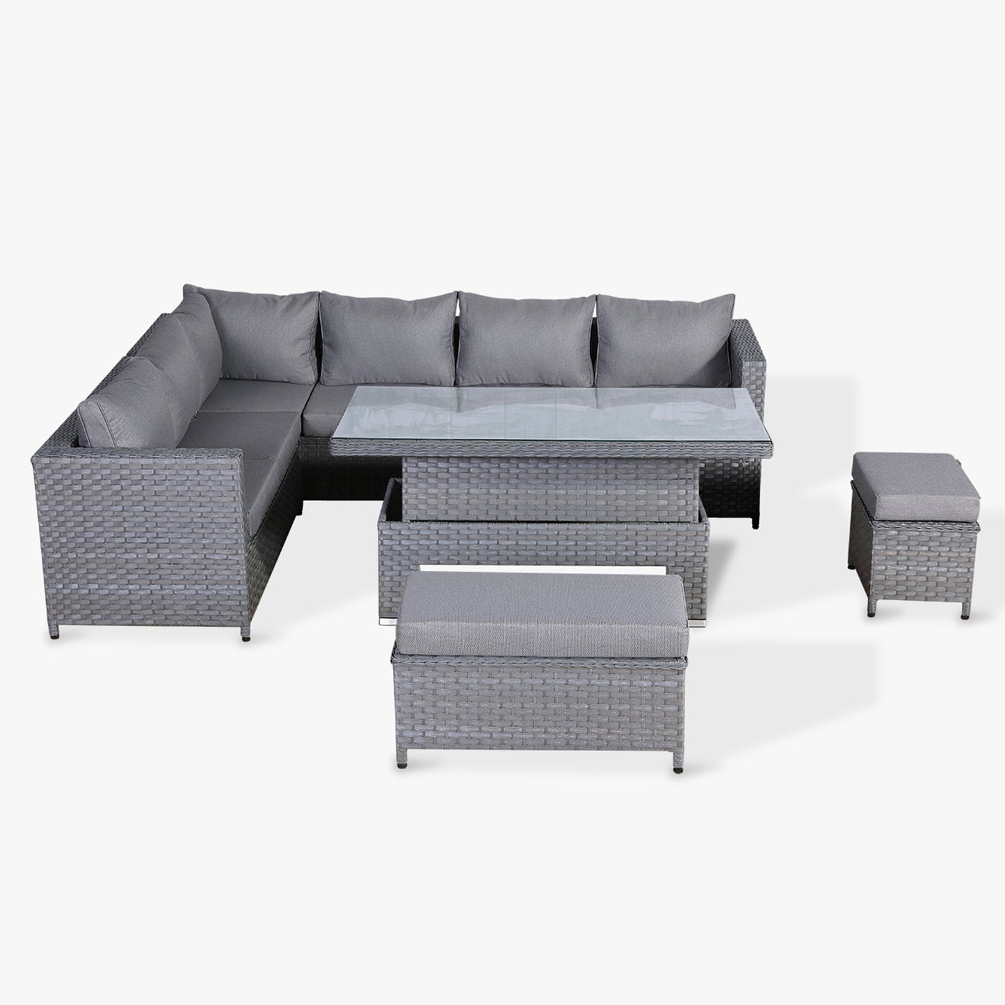 Isobella Range LHF Corner with Rising Table in Slate Grey Weave and Grey Cushions