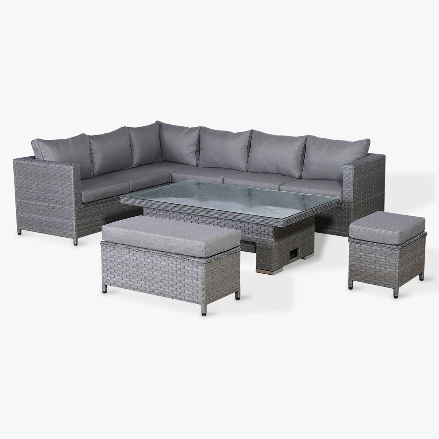 Isobella Range LHF Corner with Rising Table in Slate Grey Weave and Grey Cushions