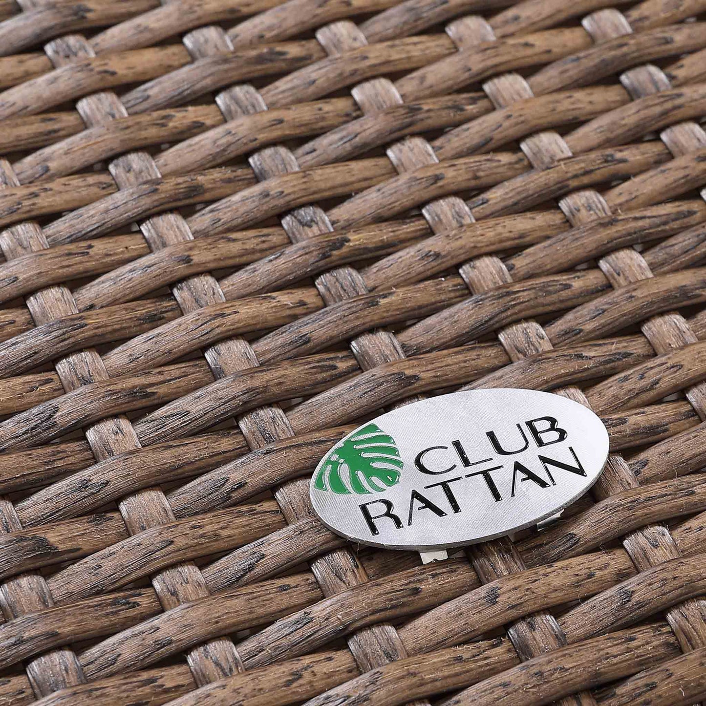 Bethany Small Bistro Set with 2 Armchairs and Side Table in Small Brown Rattan detailed image of the rattan and the club rattan badge 