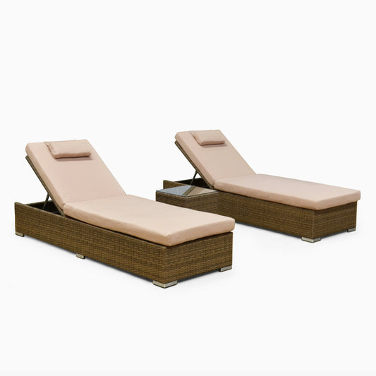 Venice Range Sun Loungers with Side Table in Brown Rattan