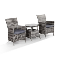 Bethany Small Bistro Set with 2 Armchairs and Side Table in Small Grey Rattan