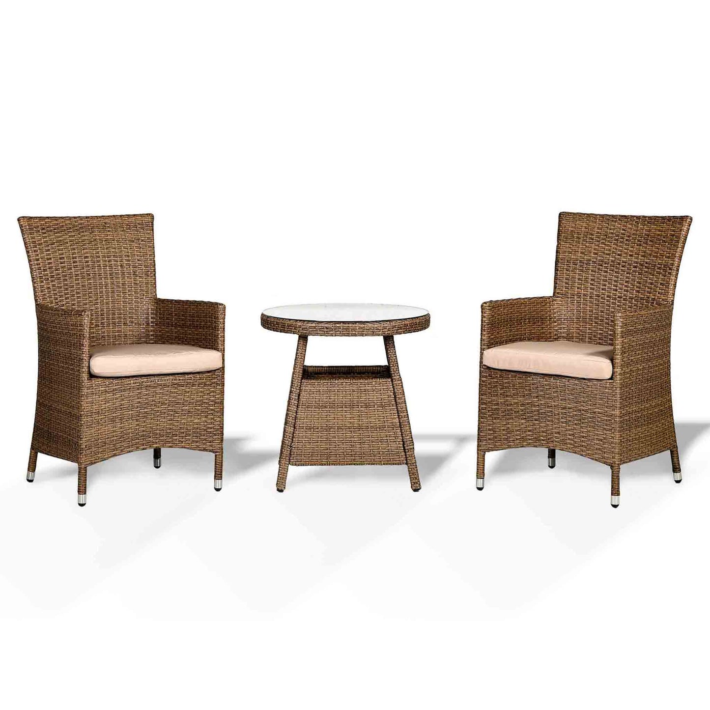 Bethany Small Bistro Set with 2 Armchairs and Side Table in Small Brown Rattan