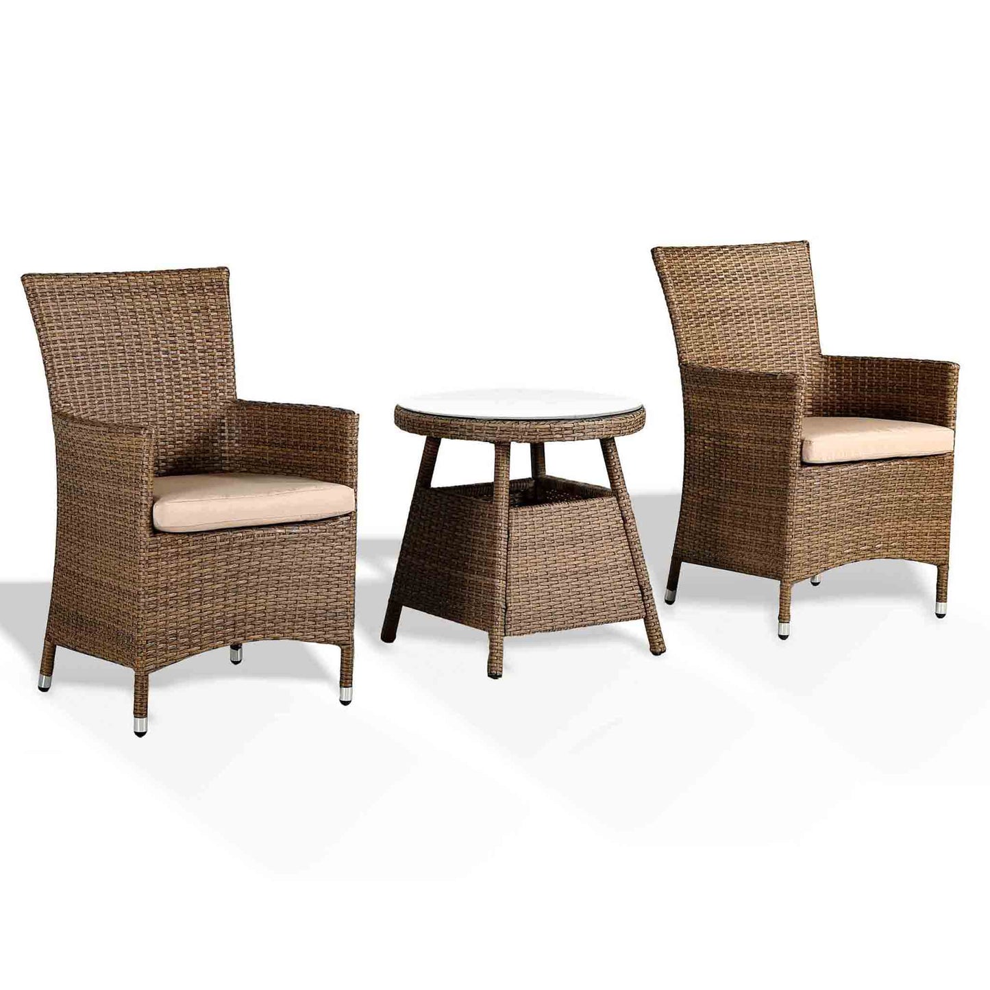 Bethany Small Bistro Set with 2 Armchairs and Side Table in Small Brown Rattan
