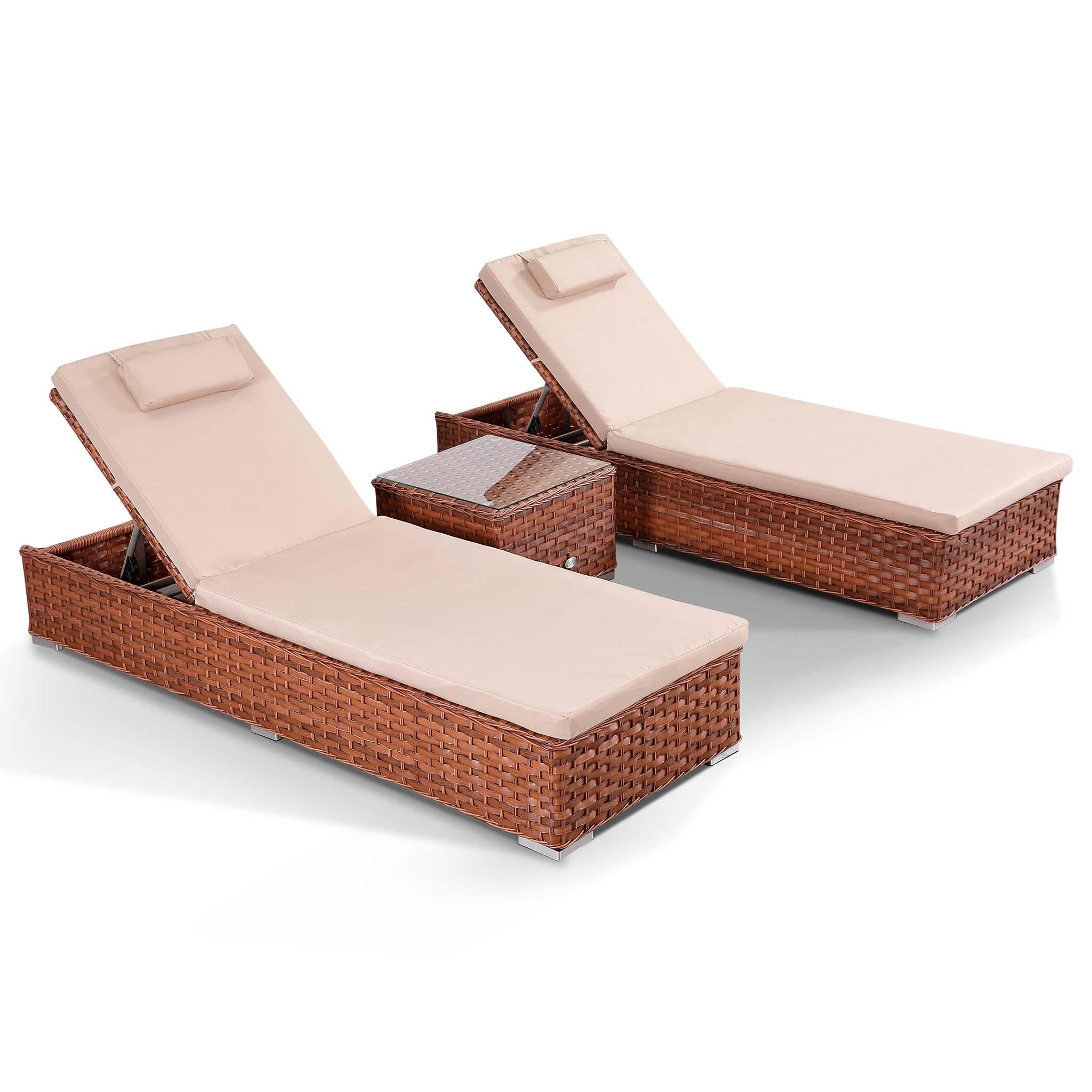Soak Set of 2 x Sun Loungers with Side Table in brown