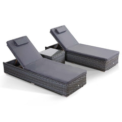 Set of 2 Soak Sun Loungers with Side Table in Wide Grey Rattan