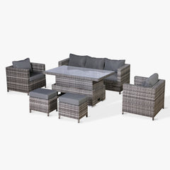 Modern Range Large Sofa Set with Rising Table and Arm Chairs in Grey Rattan